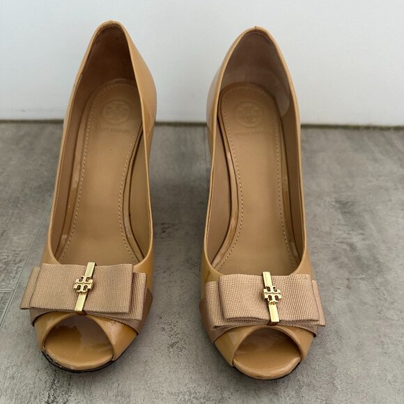 Tory Burch Trudy Peep Toe Patent Leather Wedge Size 7 - Picture 1 of 15